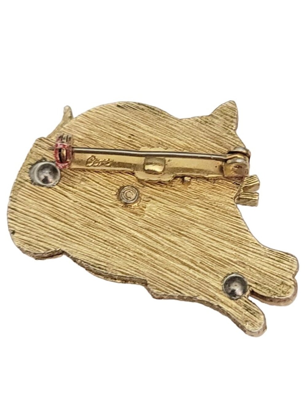 Coro Gold Tone Red Enamel Blue Rhinestone Modernist Cat Brooch Pin, Signed - Picture 6 of 10